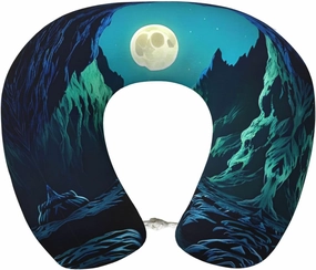 Water Moon Cave Print Memory Foam Travel Pillow – Comfortable U-Shape Neck Support for Long Distance Flights, and Road Trips
