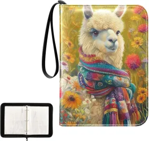 Watercolor Alpaca Colorful Flowers Card Binder 4 Pocket, Trading Card Holder Fits 400 Game Cards with 50 Removable Sleeves, MTG Card Case Standard Size