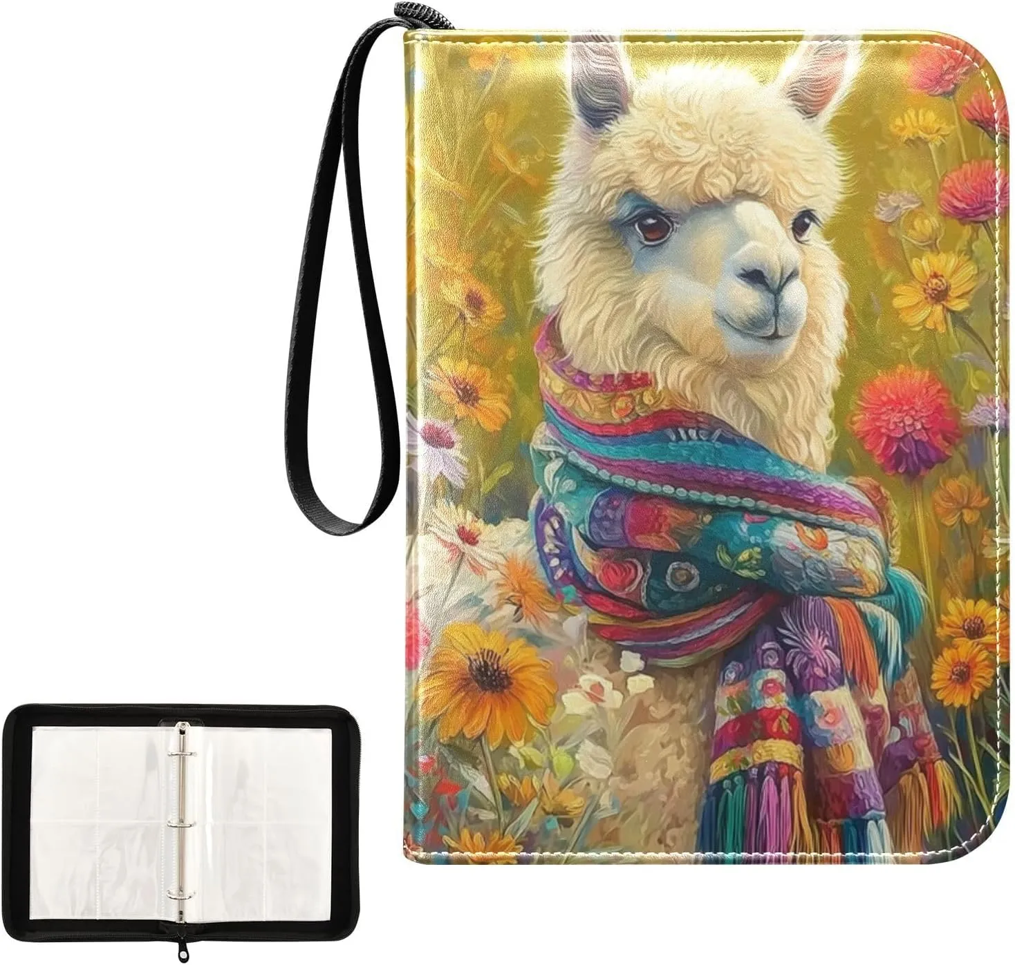 Watercolor Alpaca Colorful Flowers Card Binder 4 Pocket, Trading Card Holder Fits 400 Game Cards with 50 Removable Sleeves, MTG Card Case Standard Size