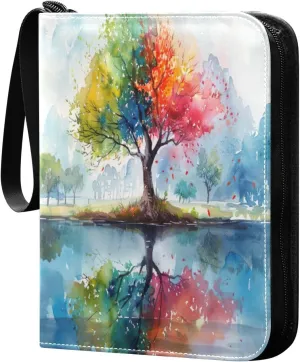 Watercolor Colorful Tree Card Binder 4-Pocket, 400 Pockets PU Waterproof Zippered Collector Card Album with 50 Removable Sleeves for Trading, Game Cards