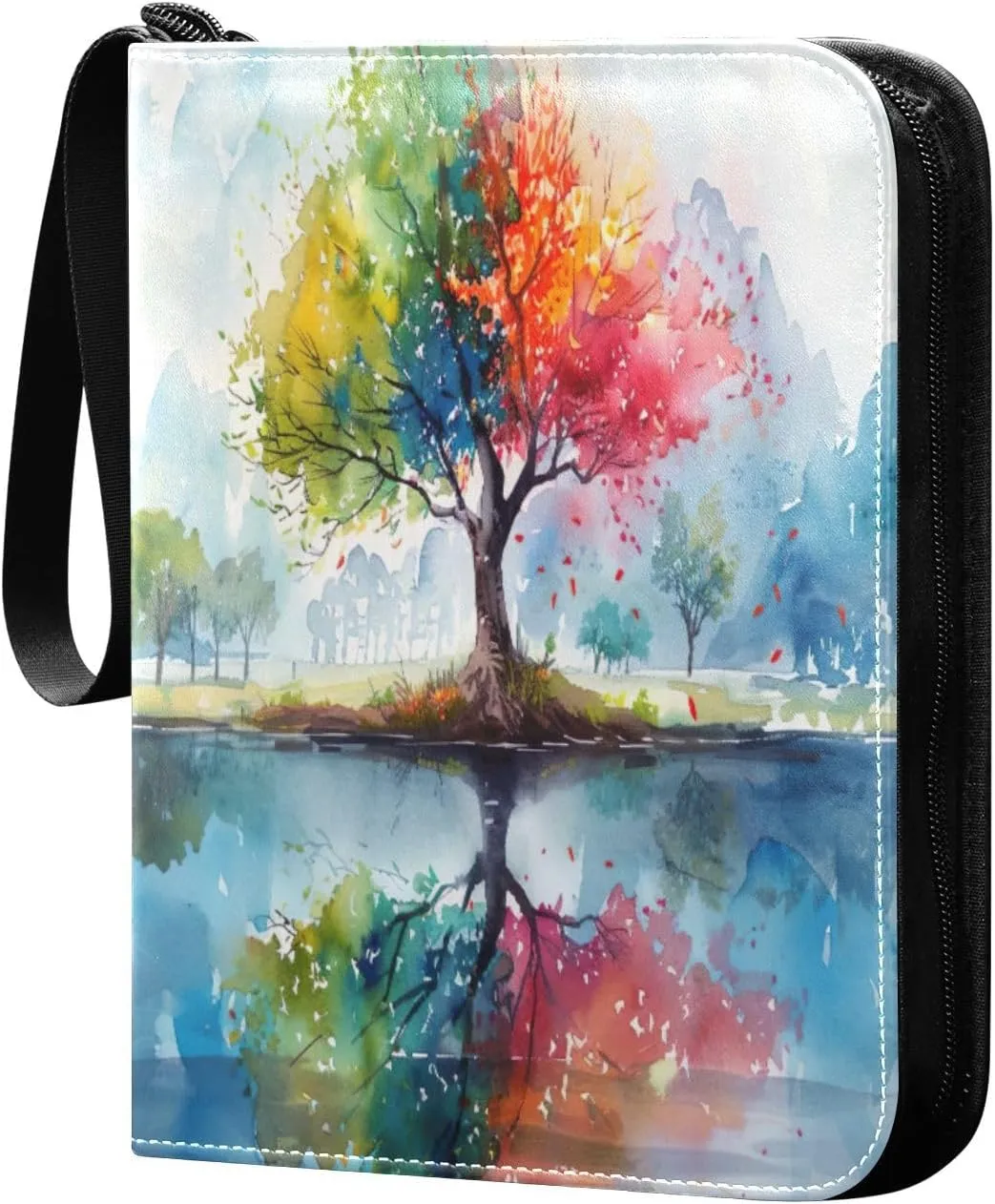 Watercolor Colorful Tree Card Binder 4-Pocket, 400 Pockets PU Waterproof Zippered Collector Card Album with 50 Removable Sleeves for Trading, Game Cards