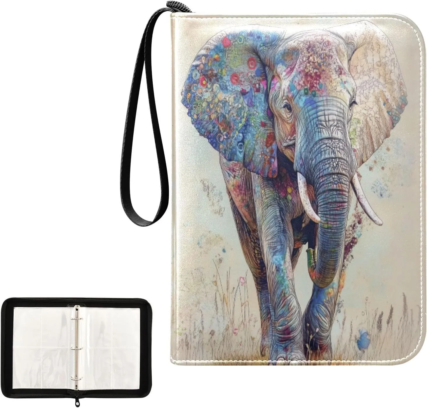 Watercolor Elephant Colorful Ear Card Binder 4 Pocket, Trading Card Holder Fits 400 Game Cards with 50 Removable Sleeves, MTG Card Case Standard Size