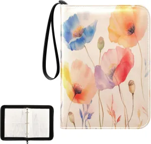 Watercolor Wildflower Colorful Flowers Card Binder 4 Pocket, Trading Card Holder Fits 400 Game Cards with 50 Removable Sleeves, MTG Card Case Standard Size