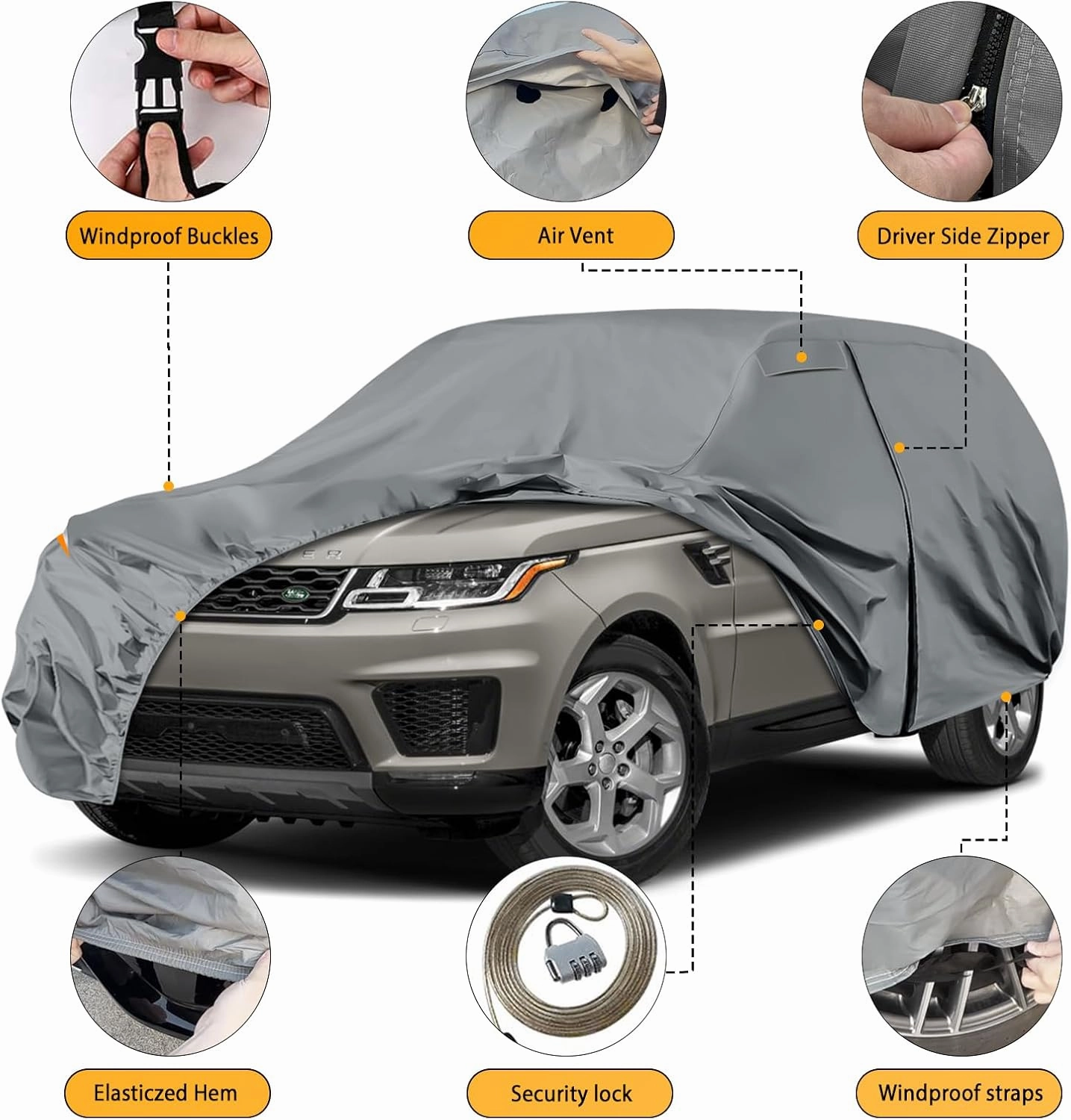Waterproof Premium Car Covers Replace for 2013-2025 Land Rover Range Rover Sport, 10 Layers Heavy Duty All Weather Car Cover with Zipper Door, Windproof Bands for Snow Rain Dust Protection