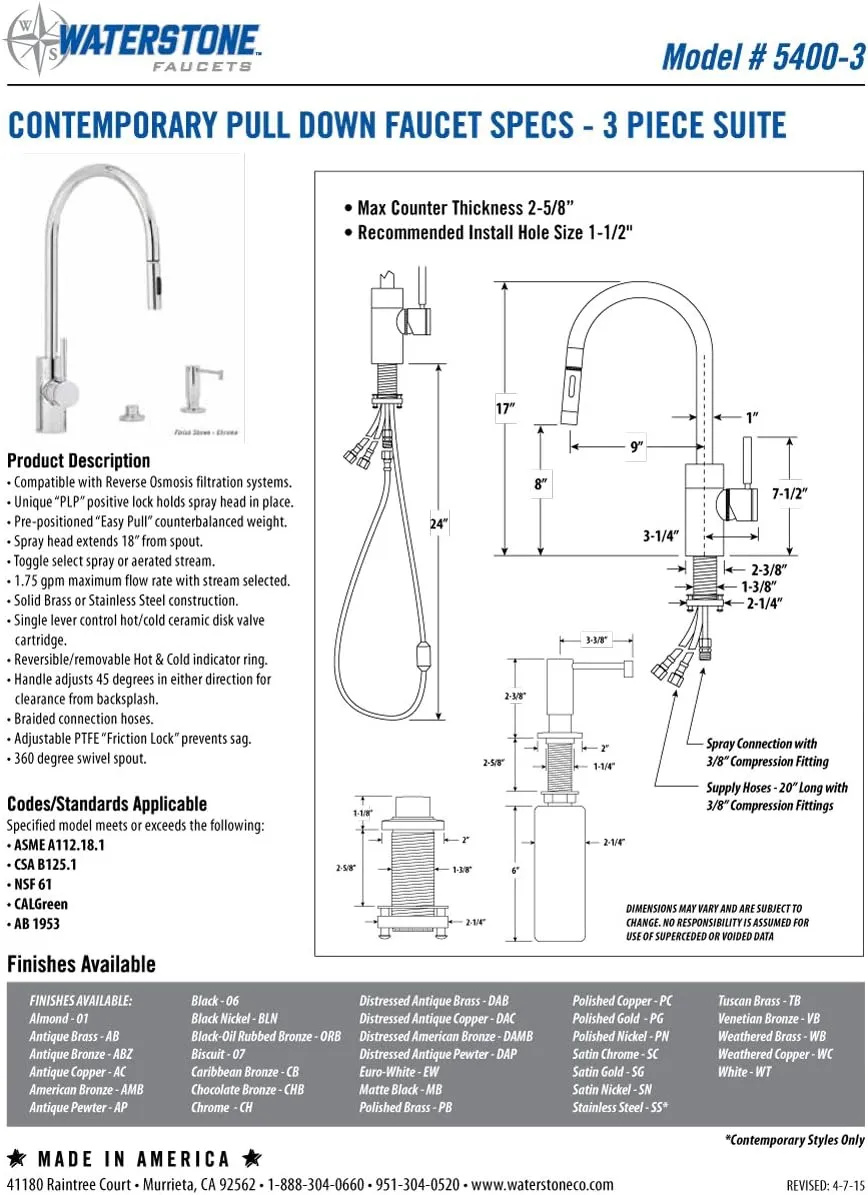 Waterstone 5400-3-ABZ Contemporary PLP Pulldown Faucet 3pc. Suite Antique Bronze