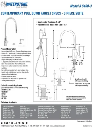 Waterstone 5400-3-ABZ Contemporary PLP Pulldown Faucet 3pc. Suite Antique Bronze