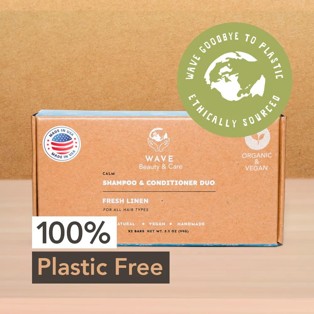 Wave Fresh Linen Shampoo & Conditioner Bar Set - Natural & Organic Moisturizing Vegan Shampoo and Conditioner Bars for Women & Men - Long-Lasting (80-120 Uses)