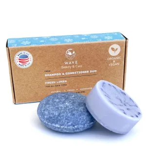 Wave Fresh Linen Shampoo & Conditioner Bar Set - Natural & Organic Moisturizing Vegan Shampoo and Conditioner Bars for Women & Men - Long-Lasting (80-120 Uses)