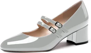 WAYDERNS Women's Adjustable Strap Mary Jane Round Toe Patent Low Chunky Heel Pumps Shoes 2 Inch