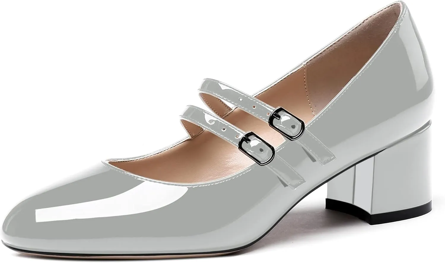 WAYDERNS Women's Adjustable Strap Mary Jane Round Toe Patent Low Chunky Heel Pumps Shoes 2 Inch
