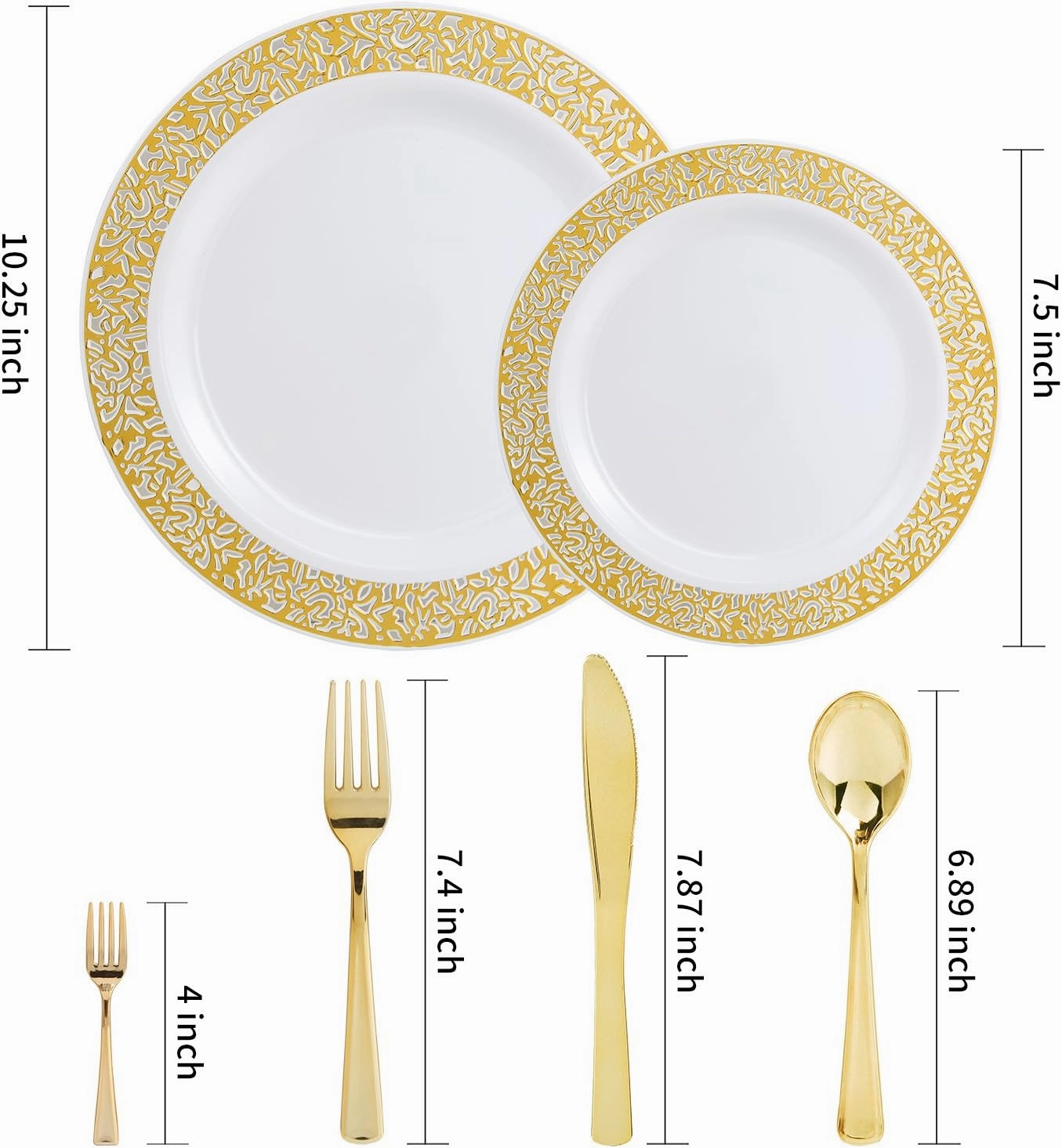WDF Gold 150PCS Assorted Plates Set Include 75 Dinner/Salad Plates & 25 Mini Forks