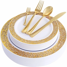 WDF Gold 150PCS Assorted Plates Set Include 75 Dinner/Salad Plates & 25 Mini Forks