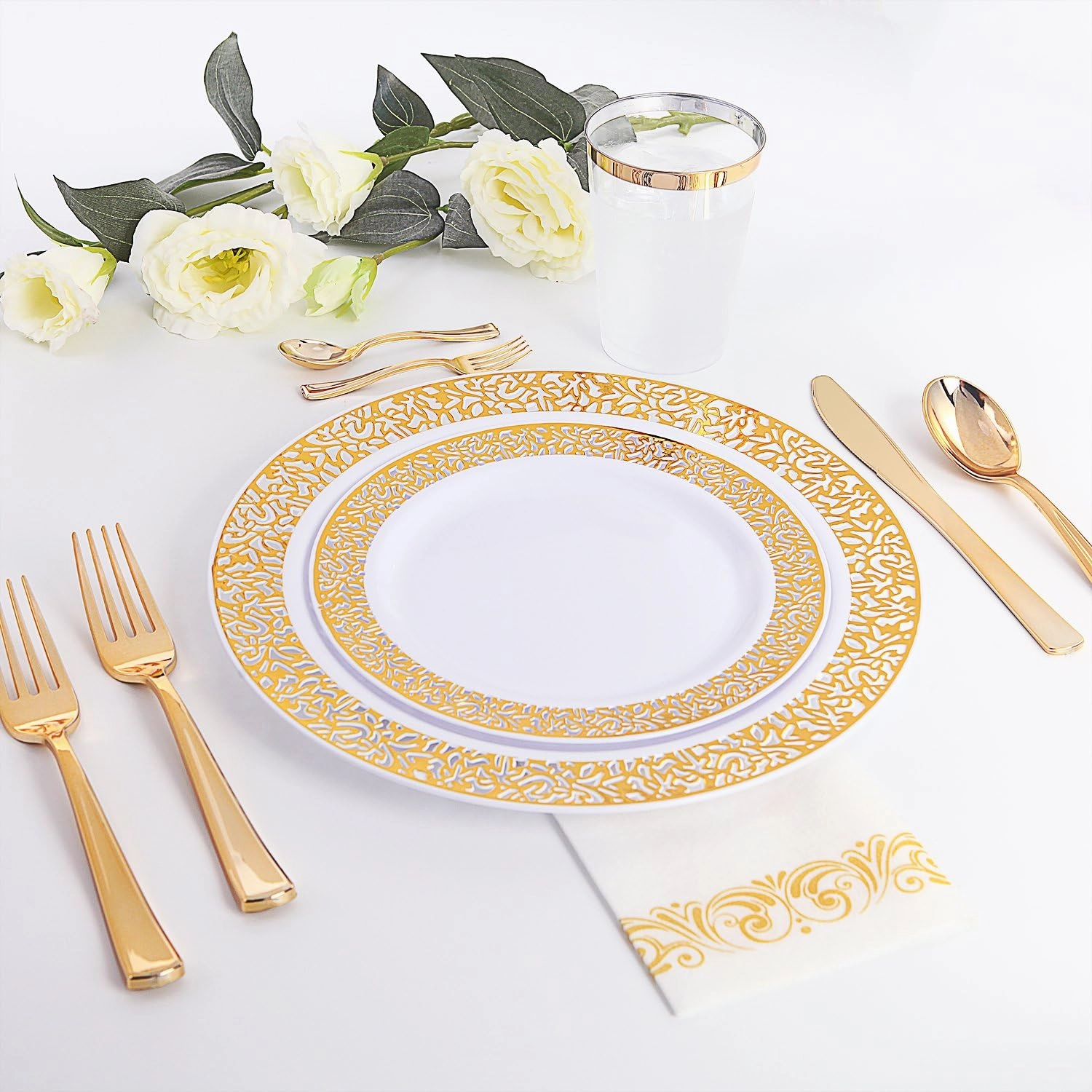 WDF Gold 150PCS Assorted Plates Set Include 75 Dinner/Salad Plates & 25 Mini Forks