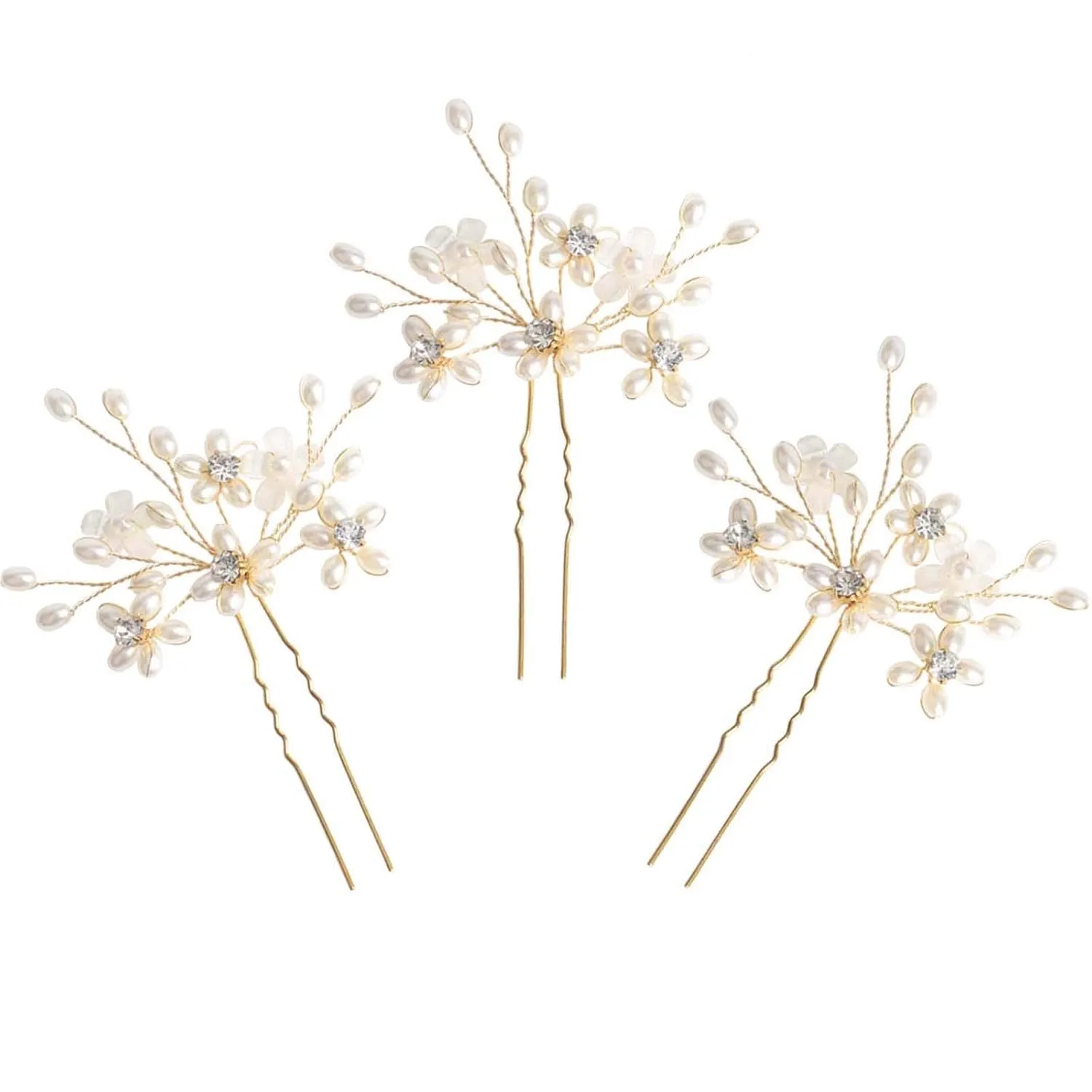 Wedding Hair Pins (3 Pcs) - Elegant Pearl Floral Crystal Hair Accessories for Bridal Women (Gold)