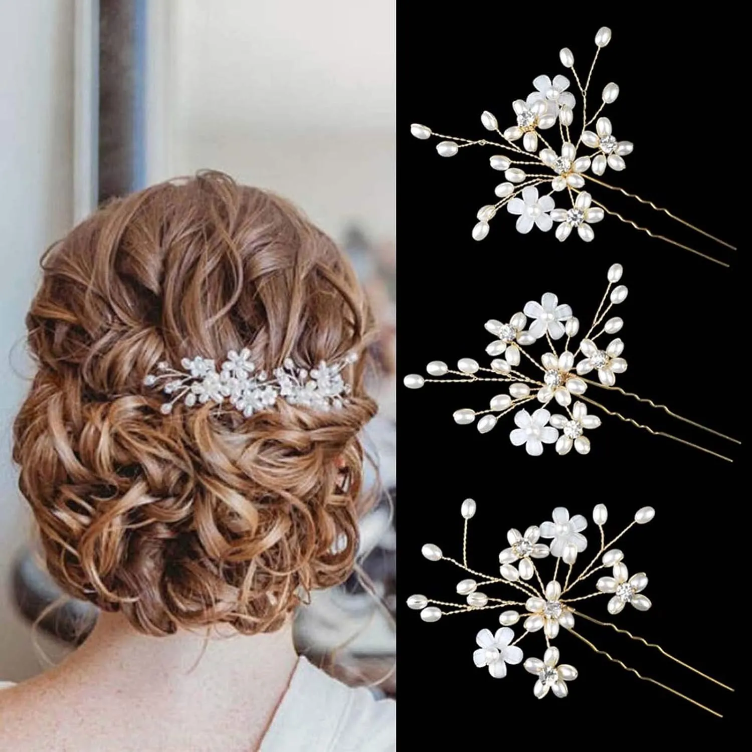Wedding Hair Pins (3 Pcs) - Elegant Pearl Floral Crystal Hair Accessories for Bridal Women (Gold)