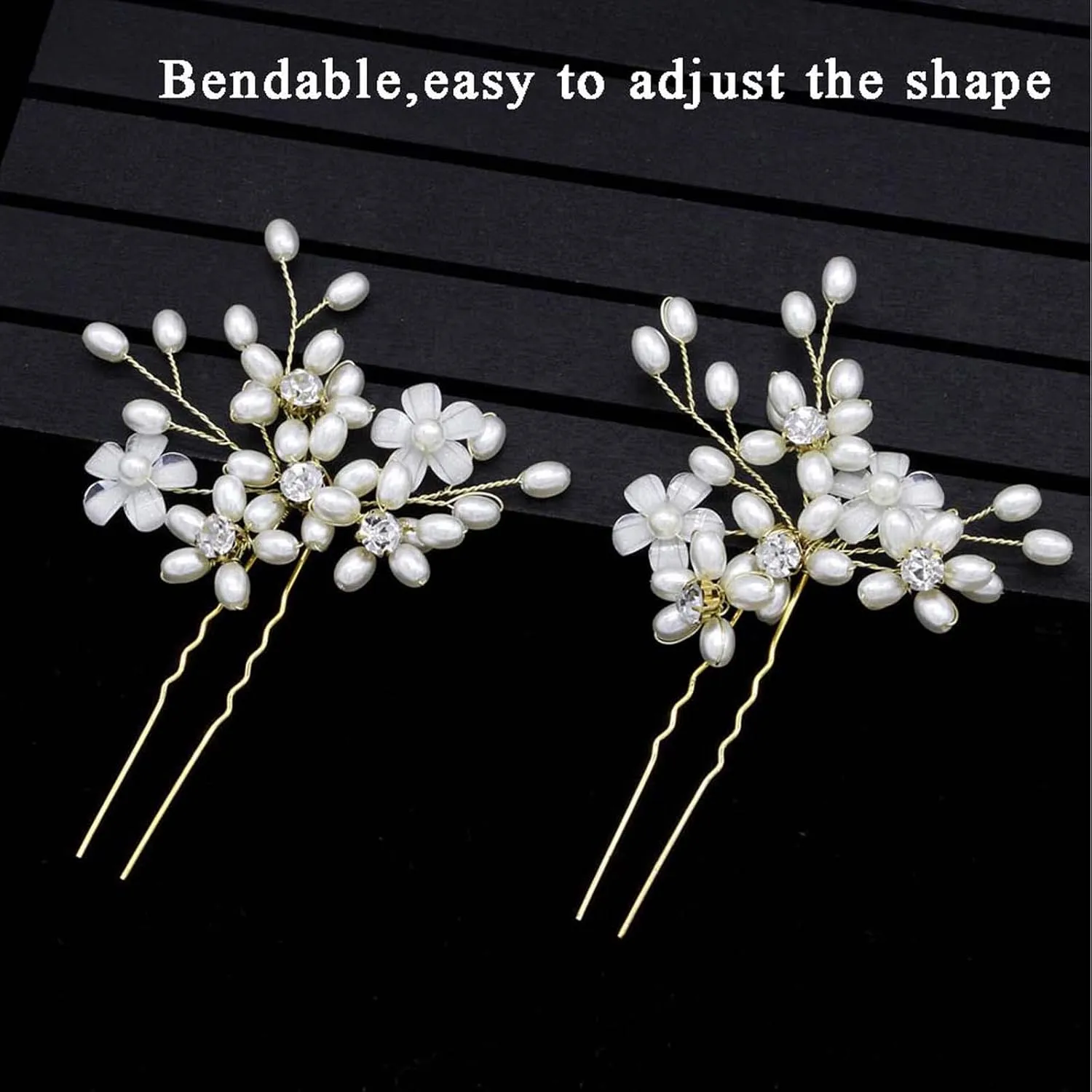 Wedding Hair Pins (3 Pcs) - Elegant Pearl Floral Crystal Hair Accessories for Bridal Women (Gold)