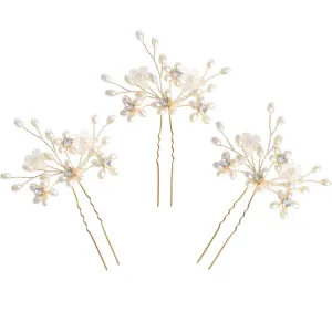 Wedding Hair Pins (3 Pcs) - Elegant Pearl Floral Crystal Hair Accessories for Bridal Women (Gold)