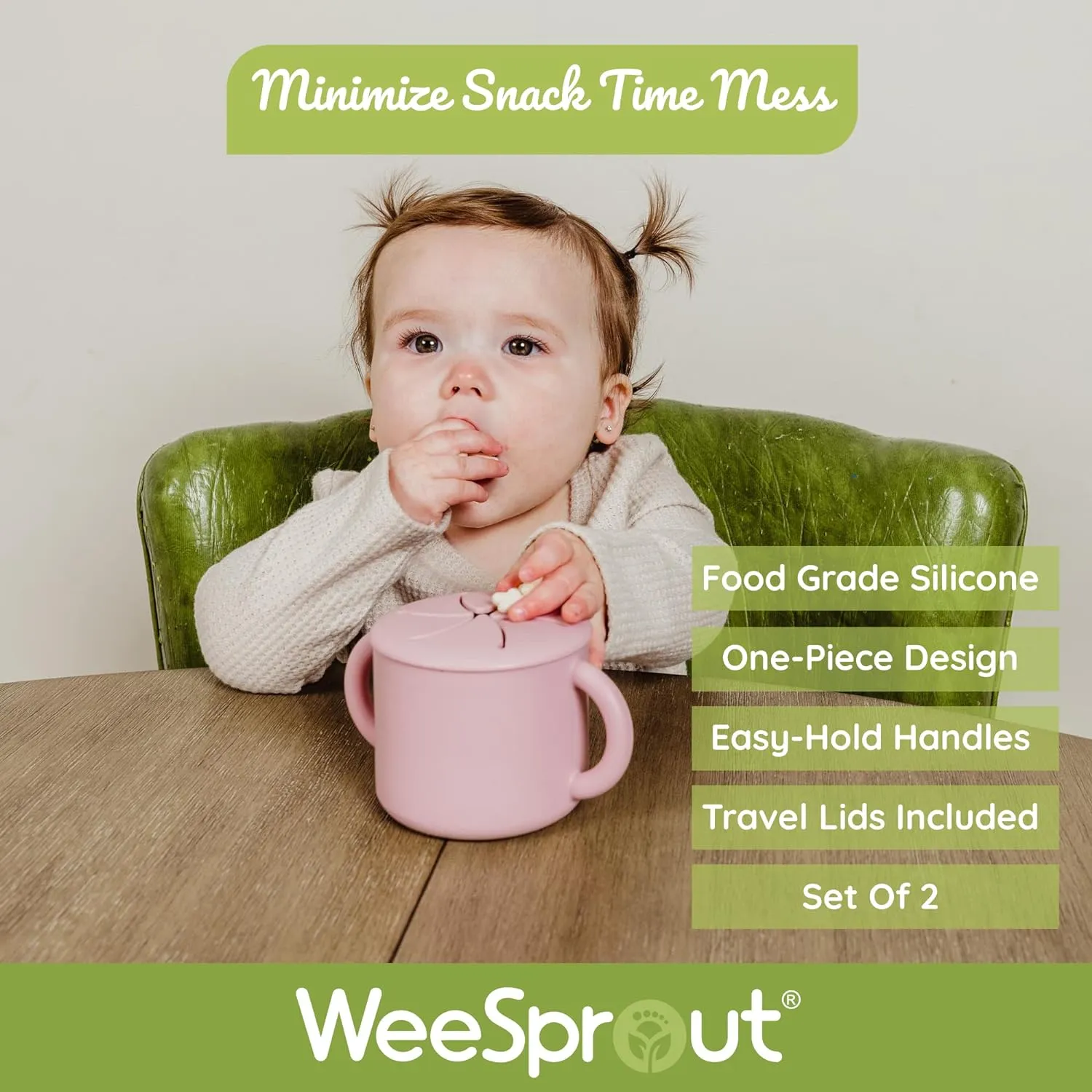 WeeSprout Snack Containers, Food Grade Silicone Snack Cups, Spill-Proof Tops For Toddlers and Babies, Premium Hard Plastic Travel Lids, Dishwasher Safe Toddler and Baby Cups,