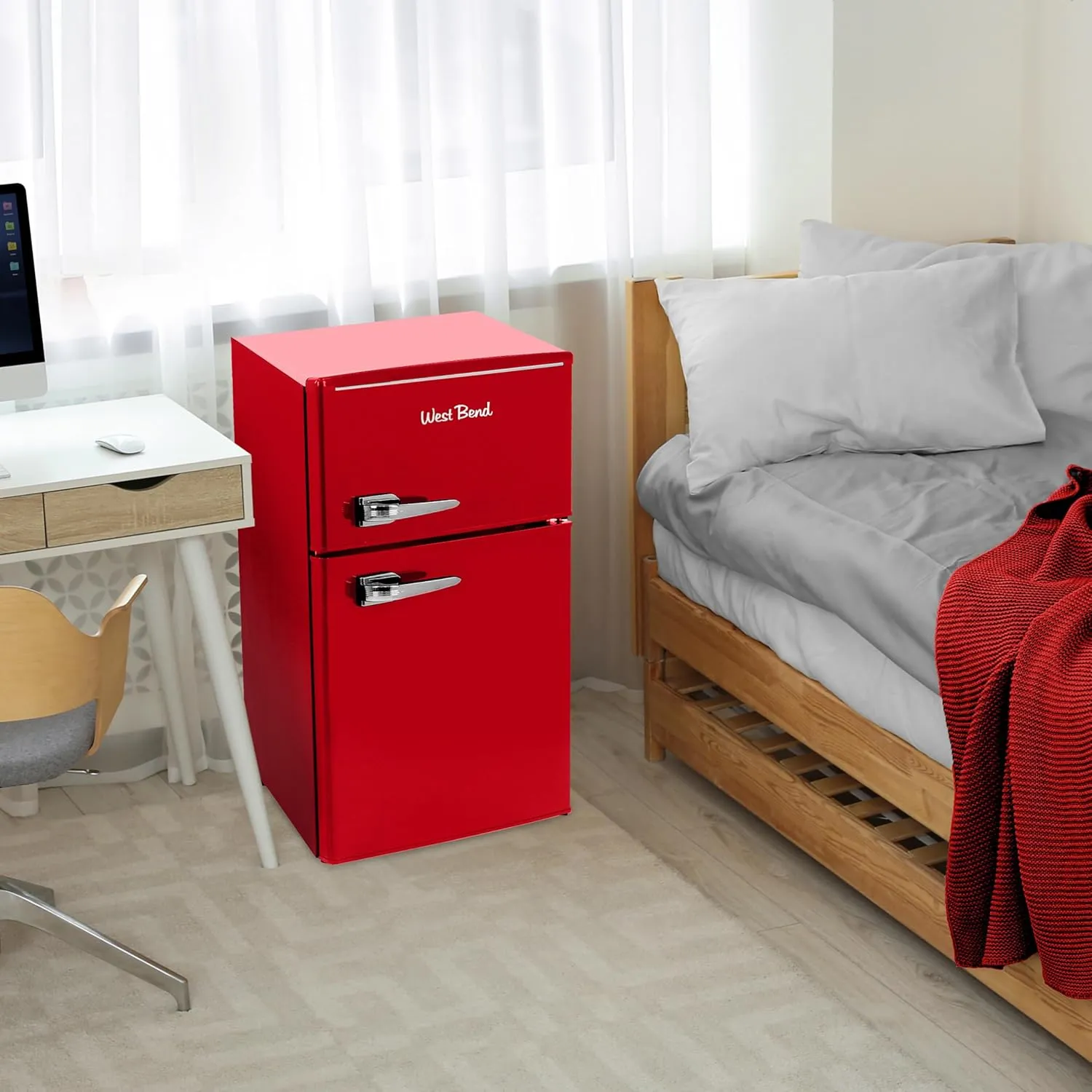 West Bend Mini Fridge with Freezer Retro-Styled for Home Office or Dorm, Features Dual Doors Removable Glass Shelves Manual Defrost and Mechanical Adjustable Temperature Control, 3.1-Cu.Ft, Red