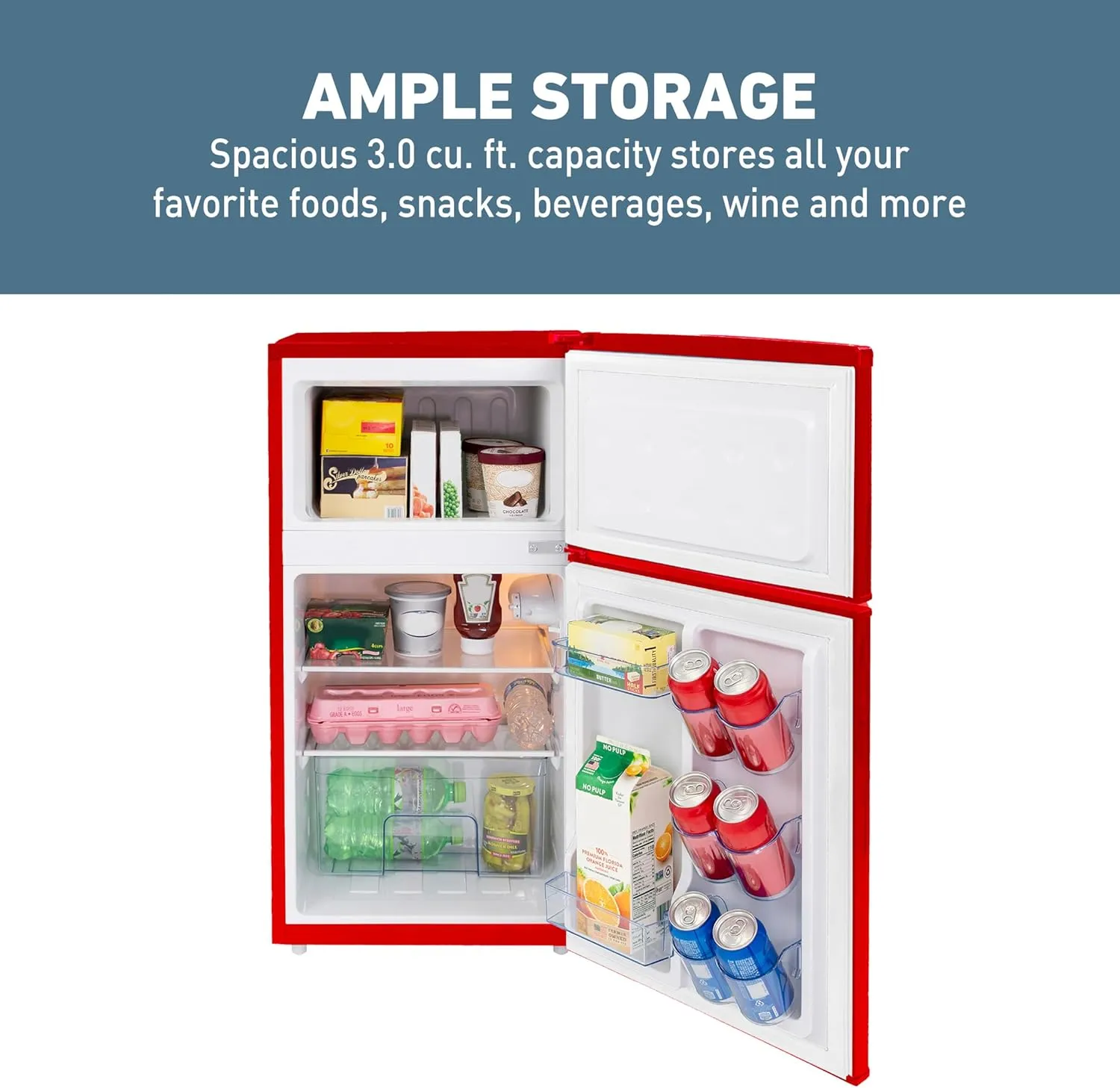 West Bend Mini Fridge with Freezer Retro-Styled for Home Office or Dorm, Features Dual Doors Removable Glass Shelves Manual Defrost and Mechanical Adjustable Temperature Control, 3.1-Cu.Ft, Red