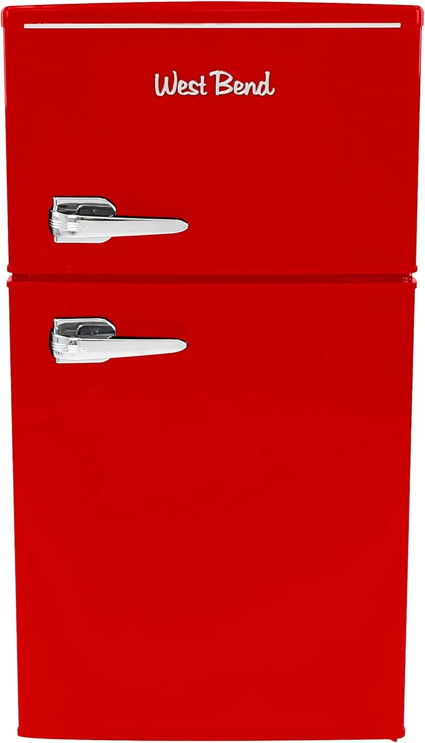 West Bend Mini Fridge with Freezer Retro-Styled for Home Office or Dorm, Features Dual Doors Removable Glass Shelves Manual Defrost and Mechanical Adjustable Temperature Control, 3.1-Cu.Ft, Red