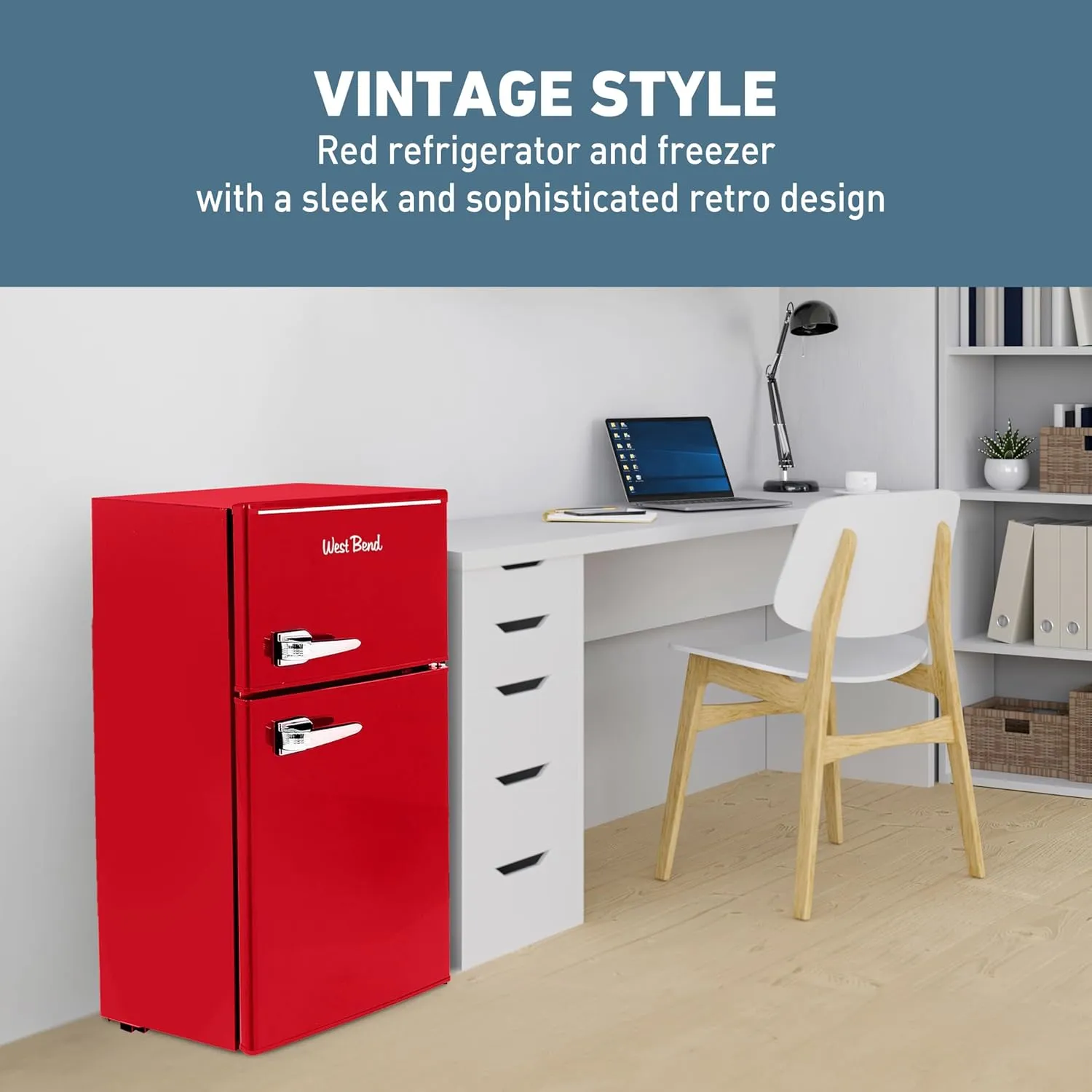 West Bend Mini Fridge with Freezer Retro-Styled for Home Office or Dorm, Features Dual Doors Removable Glass Shelves Manual Defrost and Mechanical Adjustable Temperature Control, 3.1-Cu.Ft, Red
