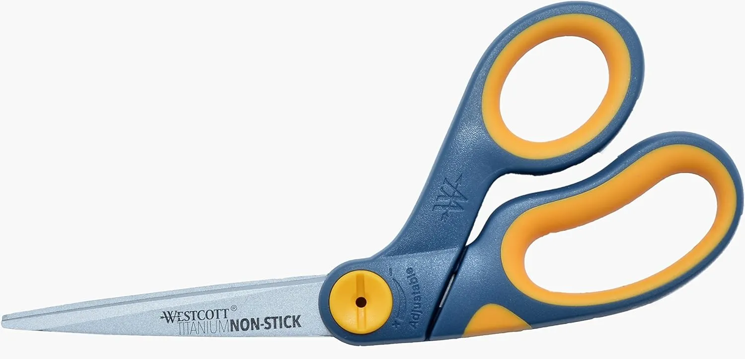 Westcott 8" Bent Titanium Bonded Non-Stick Scissors with Adjustable Glide Feature (14850), Grey/Yellow