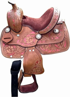 Western Kids Pleasure Trail Saddle with Suede Seat | Floral Tooled Horse Saddle Tack Set | Riding Pleasure Racing Saddle 10'' 11'' 12'' 13''
