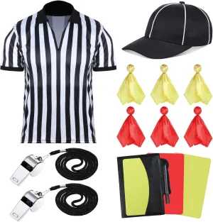 Wettarn Men's Official Referee Costume Set Referee Shirt Referee Hat, Whistle with Lanyard Penalty Flag Cards Scorebook
