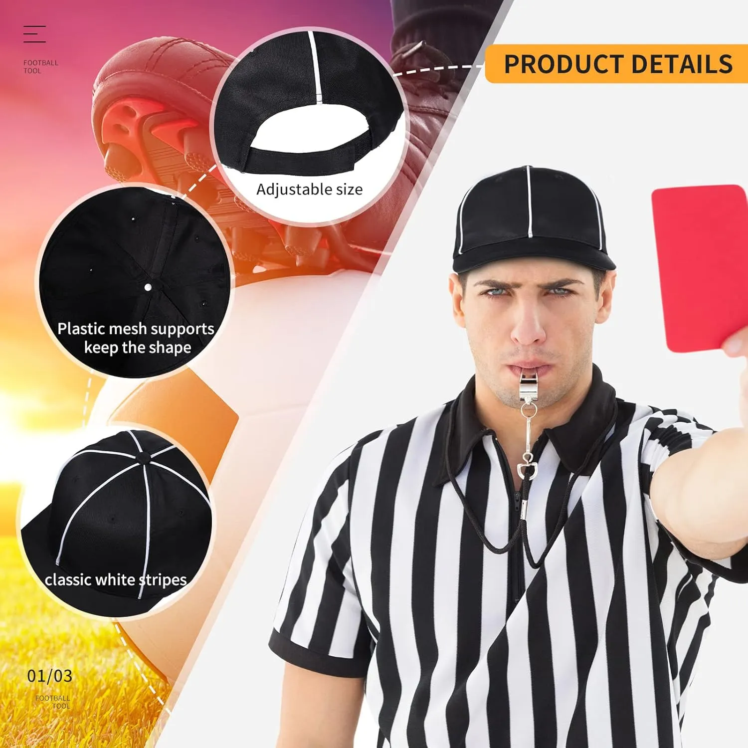 Wettarn Men's Official Referee Costume Set Referee Shirt Referee Hat, Whistle with Lanyard Penalty Flag Cards Scorebook