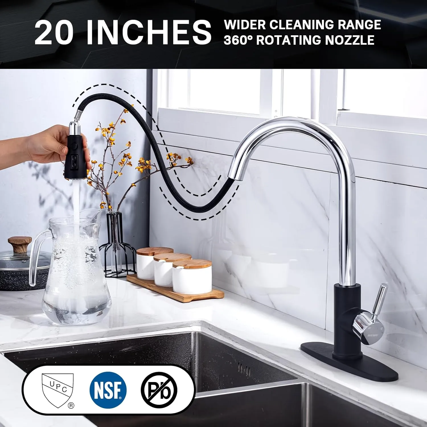 WEWE Kitchen Sink Faucet, Pull Down Kitchen Faucet, Black and Chrome Kitchen Faucet with Sprayer Stainless Steel Single Handle one or Three Hole for Laundry bar Kitchen Sinks