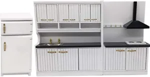 White Wooden Kitchen Cabinet Sets and Fridge for Dollhouse Miniature Furniture