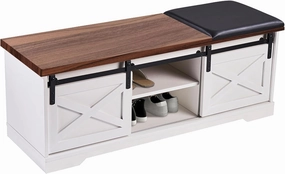 White Shoe Storage Bench with Sliding Door, 47 Inch Farmhouse Shoe Bench with Cushion and Hidden Storage Compartment for Entryway, Living Room, Bedroom