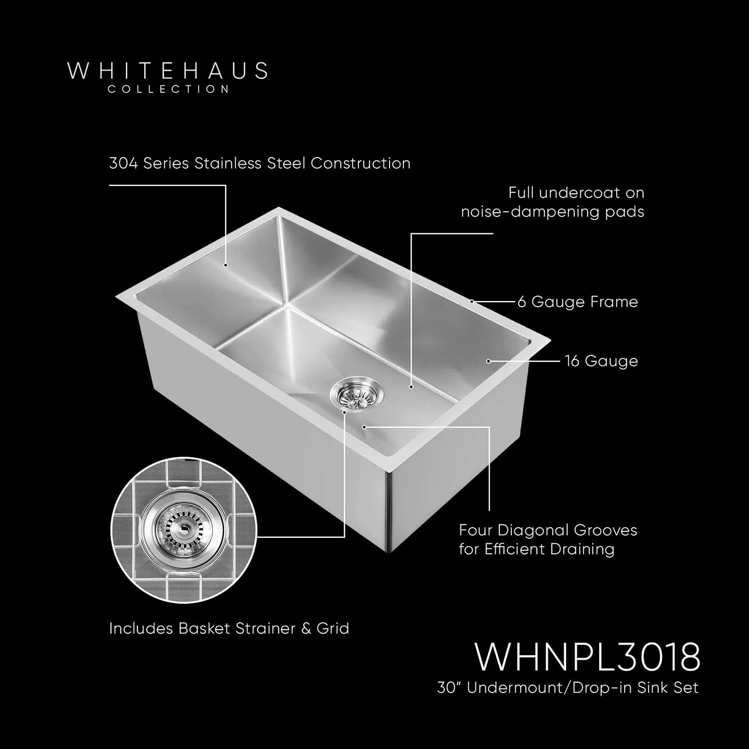 Whitehaus 30" Heavy Duty Kitchen Sink; 16 Gauge Stainless Steel Single Bowl Dual Mount Set, Brushed Finish