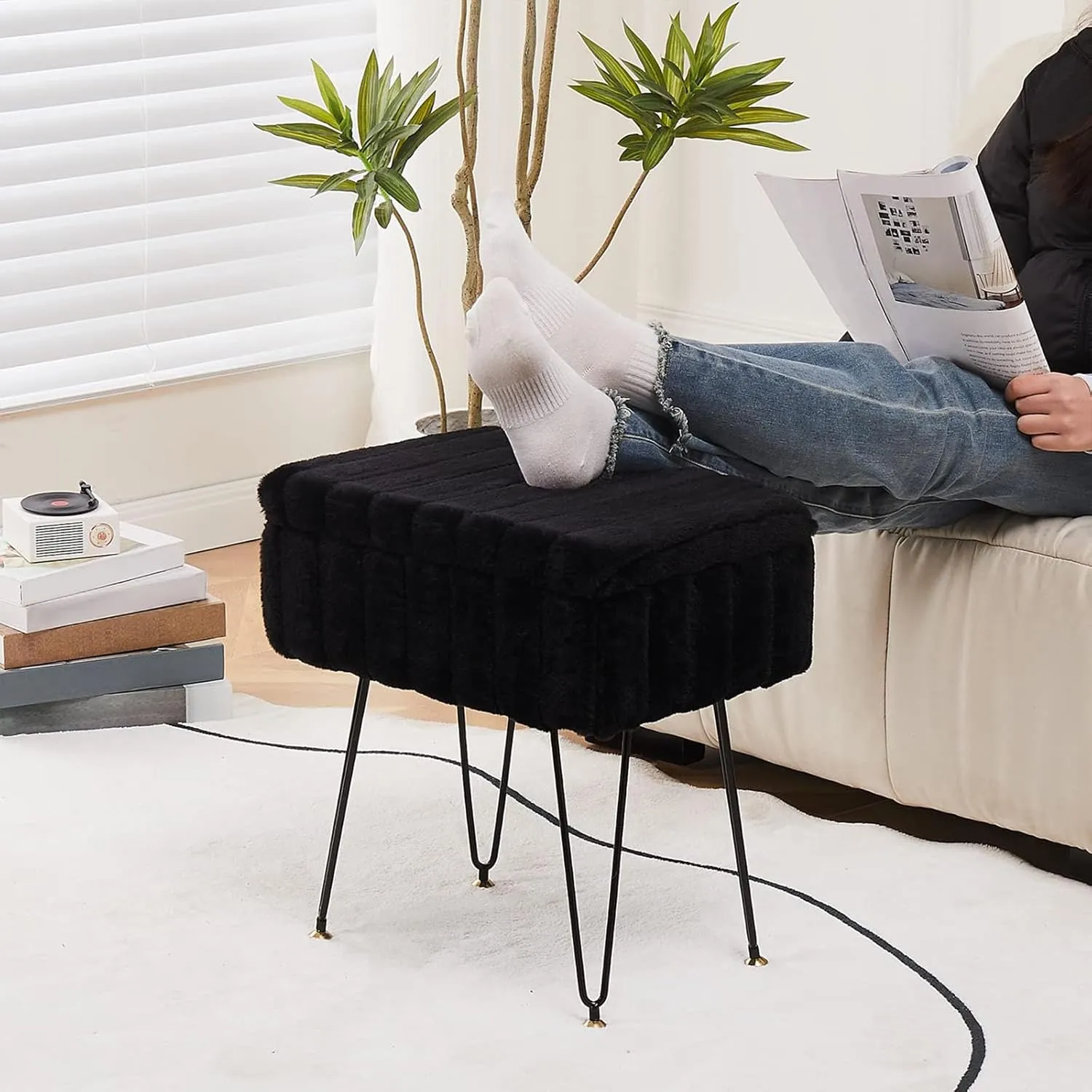 Wimarsbon Storage Ottoman, Vanity Stools with Metal Legs, 16.5" x 11.8" x 18" Modern Faux Mink Fur Footstool, Makeup Chair with Anti-Slip Feet, Accent Table,Footrest,Storage Bench for Bedroom