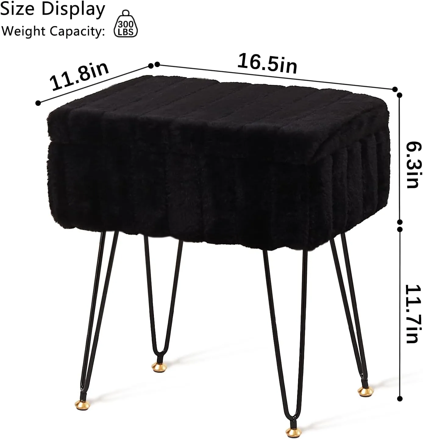 Wimarsbon Storage Ottoman, Vanity Stools with Metal Legs, 16.5" x 11.8" x 18" Modern Faux Mink Fur Footstool, Makeup Chair with Anti-Slip Feet, Accent Table,Footrest,Storage Bench for Bedroom