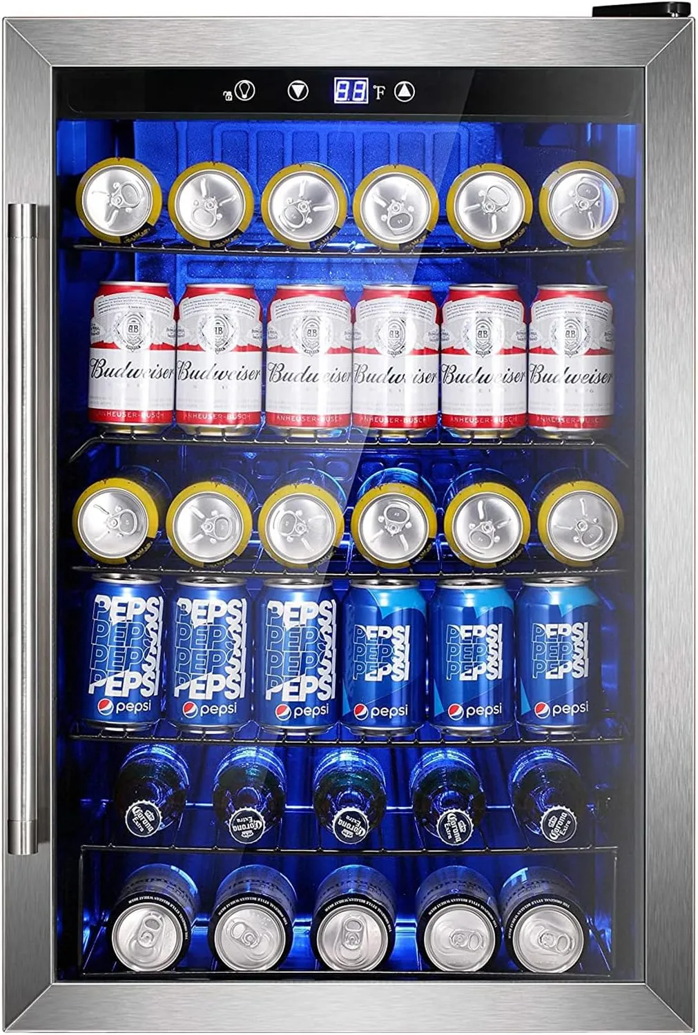 Wine Cooler 37 Bottle Freestanding Fridge with Stainless Steel Reversible Glass Door, 145 Can Beverage Refrigerator Quiet Compressor for Home Kitchen Bar, 4.5 Cu.ft Silver