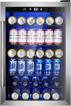 Wine Cooler 37 Bottle Freestanding Fridge with Stainless Steel Reversible Glass Door, 145 Can Beverage Refrigerator Quiet Compressor for Home Kitchen Bar, 4.5 Cu.ft Silver
