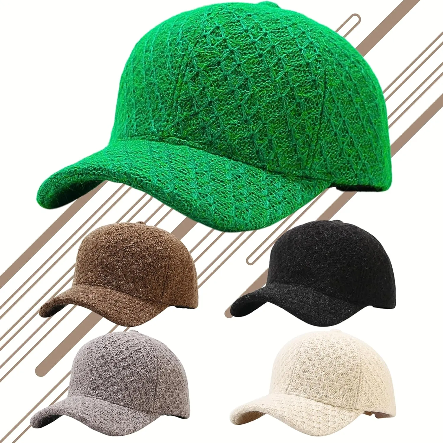 Winter Knit Plaid Warm Baseball Cap Key Ring Strap, Adjustable Travel Trucker Hats for Men Women, Woven Design Hiking Caps