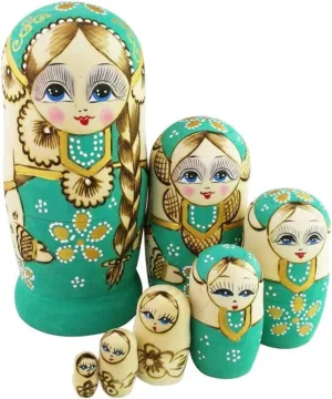 Winterworm Cute Little Girl with Big Braid Handmade Matryoshka Wishing Dolls Russian Nesting Dolls Set 7 Pieces Wooden Kids Gifts Toy Home Decoration Green