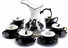 Witches Brew Pitcher   6 Assorted Halloween Tea Cup and Saucer Sets Hand Painted Gold Trim