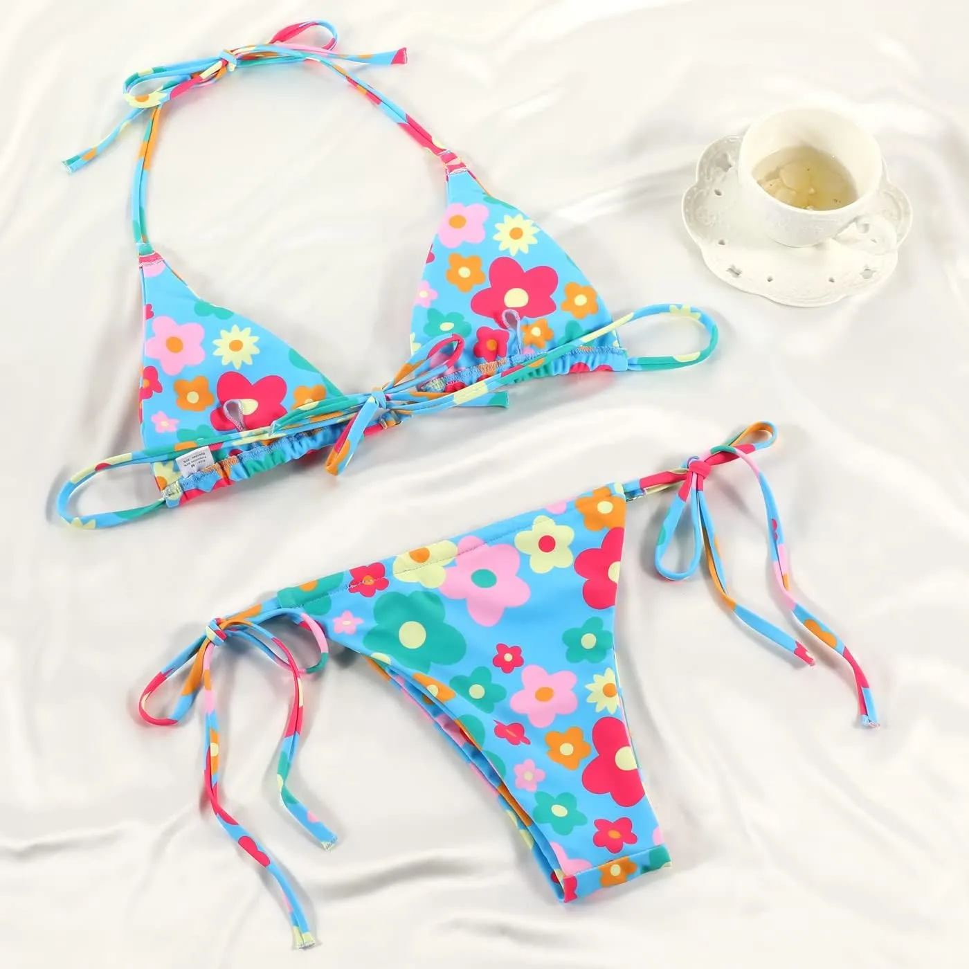 Women Halter String Bikini Set Sexy Thong Cheeky Two Piece Swimsuits Solid Color Bathing Swimwear