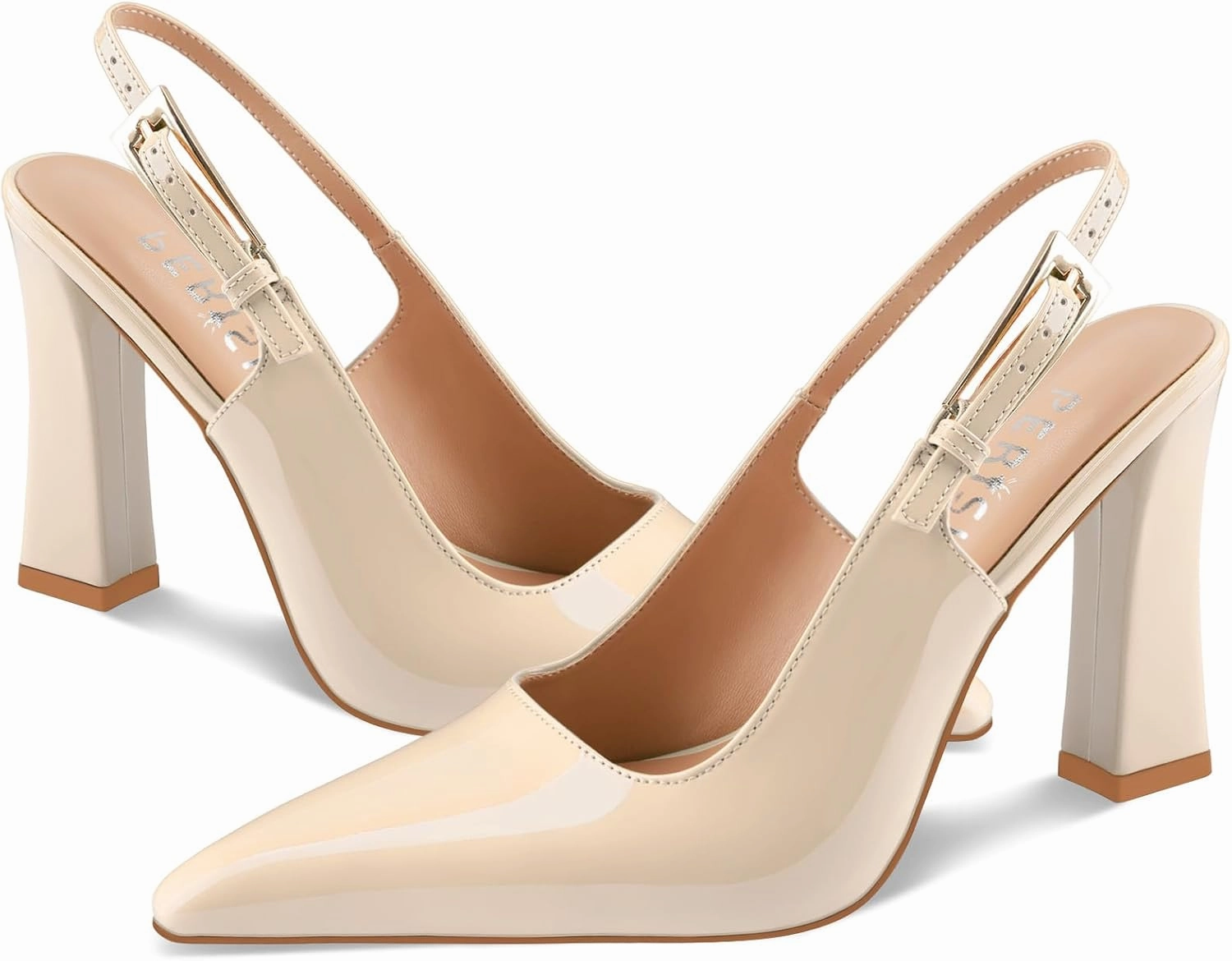 Women's Block high Heels Slingback, Pointed Closed Toe Ankle Strap Fashioned Patent Leather Pumps Shoes.