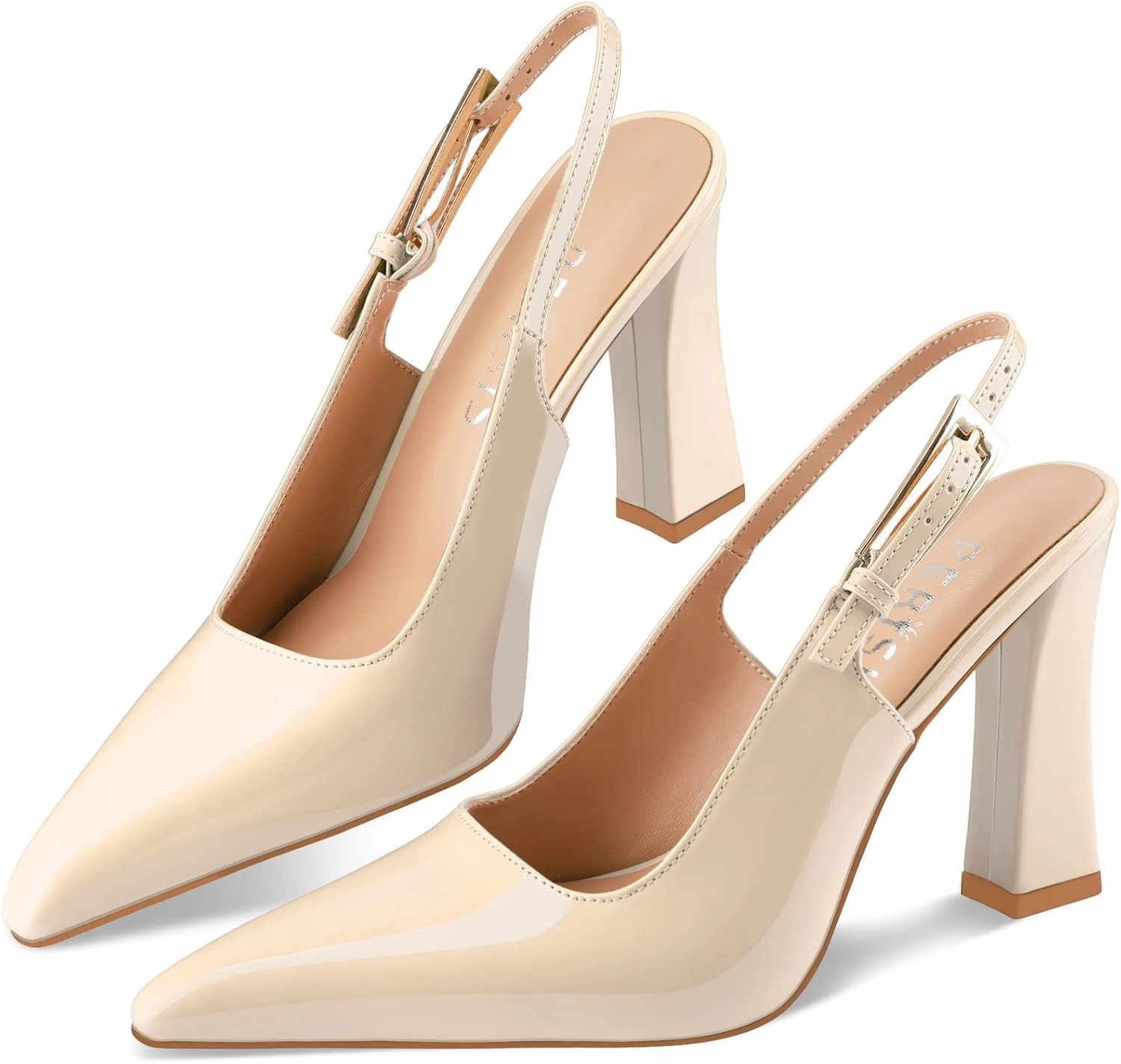Women's Block high Heels Slingback, Pointed Closed Toe Ankle Strap Fashioned Patent Leather Pumps Shoes.