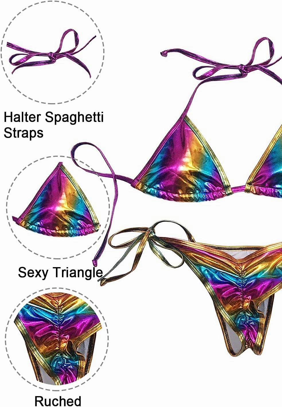 Women's Liquid Metallic Rainbow Bikini Sets Shiny String Padded Triangle 2 Pieces Swimsuit Set