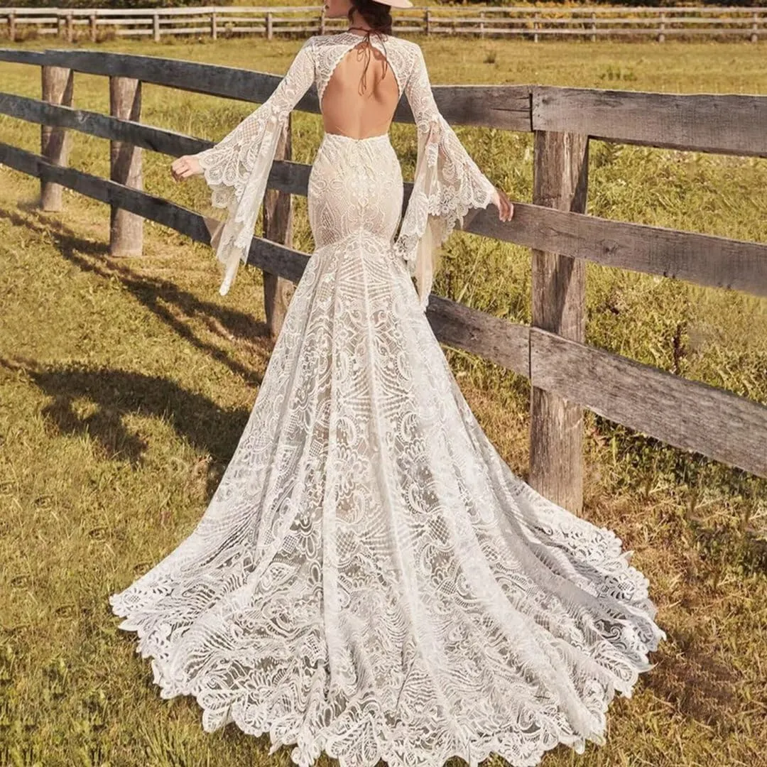 Women's Beach Wedding Dresses for Bride 2024 Vintage Long Sleeves Lace Bohemian Meramaid Bridal Gown
