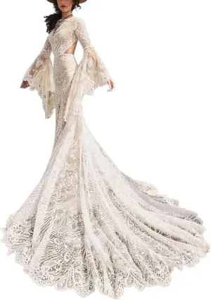 Women's Beach Wedding Dresses for Bride 2024 Vintage Long Sleeves Lace Bohemian Meramaid Bridal Gown
