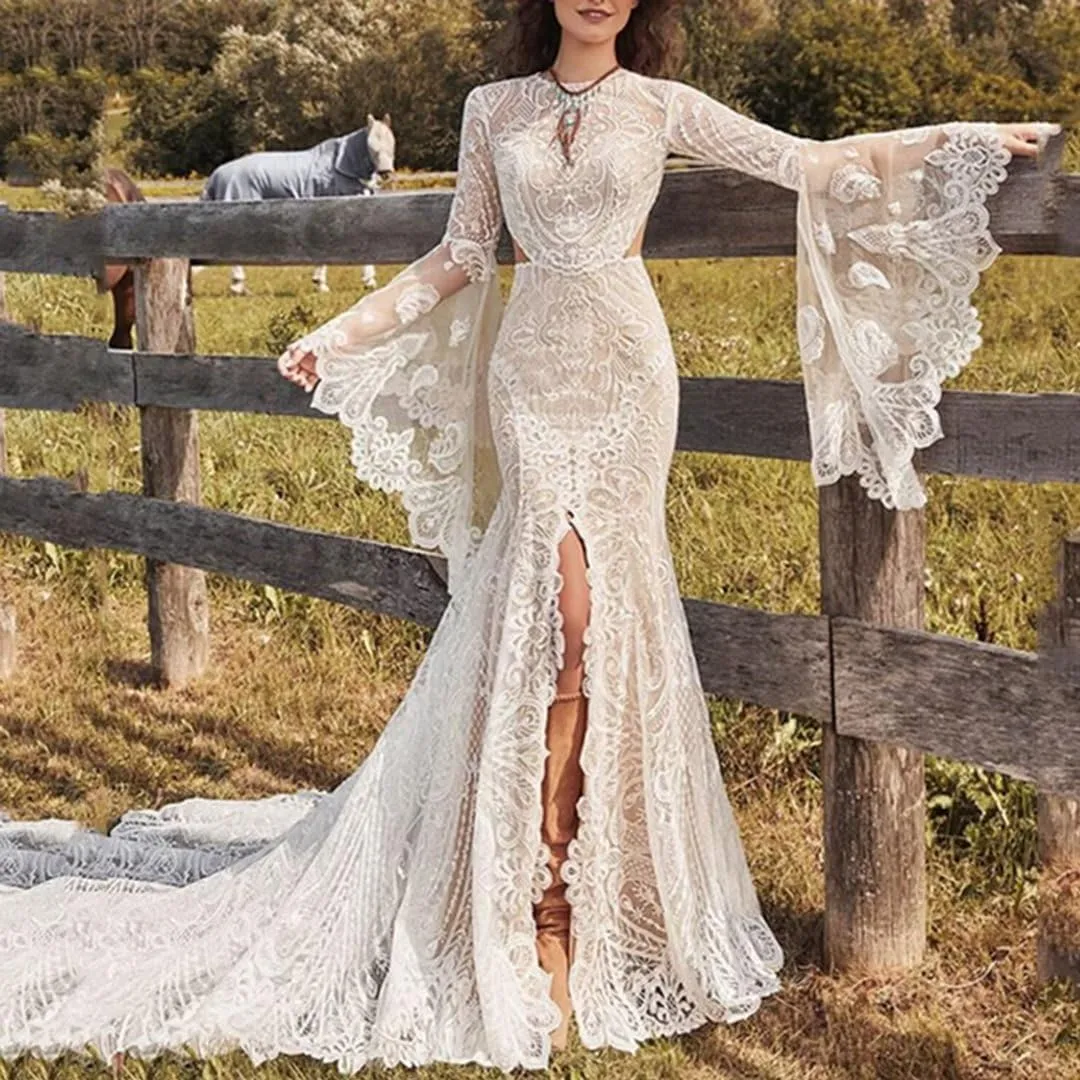 Women's Beach Wedding Dresses for Bride 2024 Vintage Long Sleeves Lace Bohemian Meramaid Bridal Gown