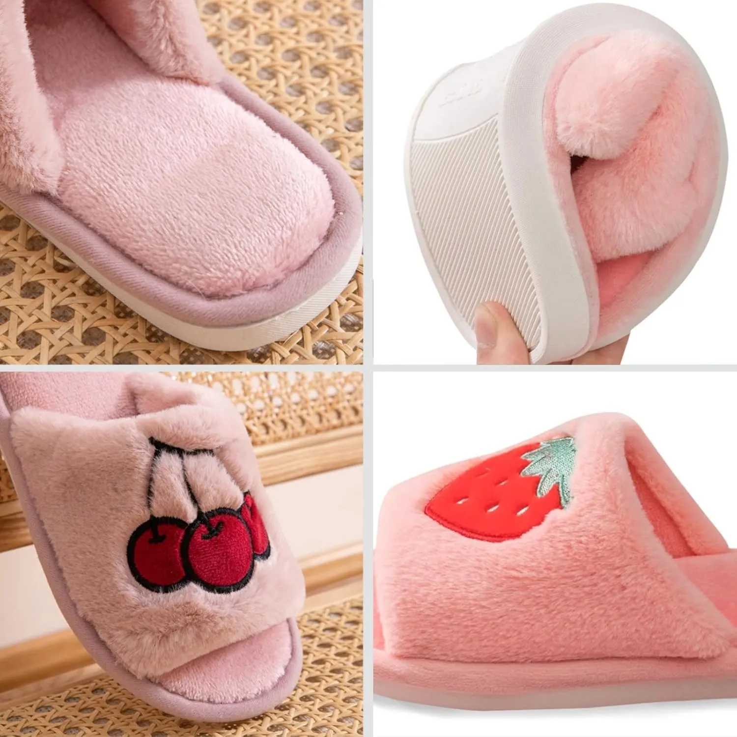 Women's Strawberry Slippers Non-Slip Indoor House Shoes Cute Fruit Plush Cozy Open Toe Cotton Bedroom Home Slippers with Memory Foam Lightweight Travel Portable