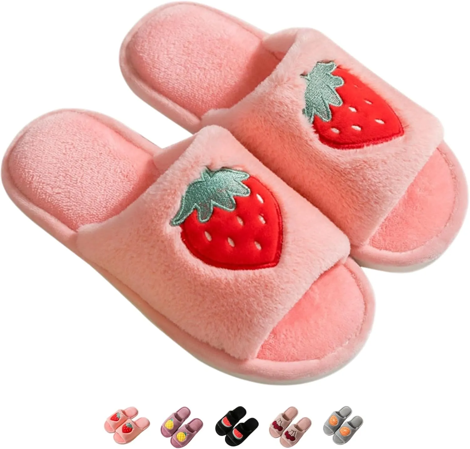 Women's Strawberry Slippers Non-Slip Indoor House Shoes Cute Fruit Plush Cozy Open Toe Cotton Bedroom Home Slippers with Memory Foam Lightweight Travel Portable